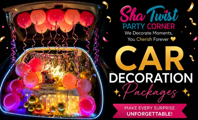 Car decoration setup with balloons and lights